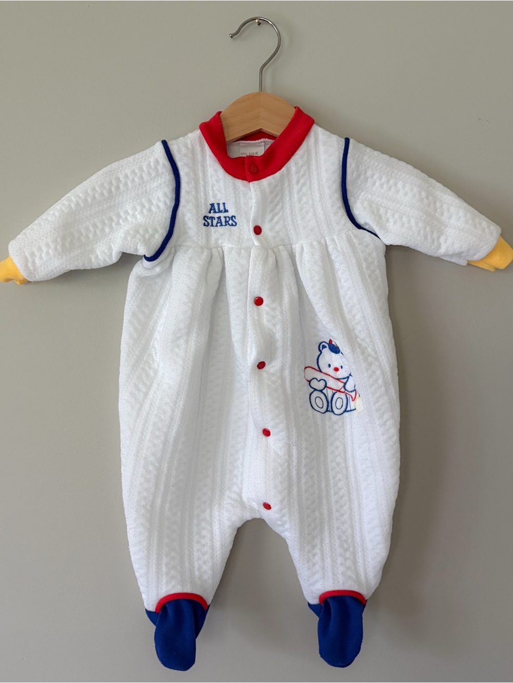 VTG All Stars White Knit Baby One-Piece with Red & Blue Trim